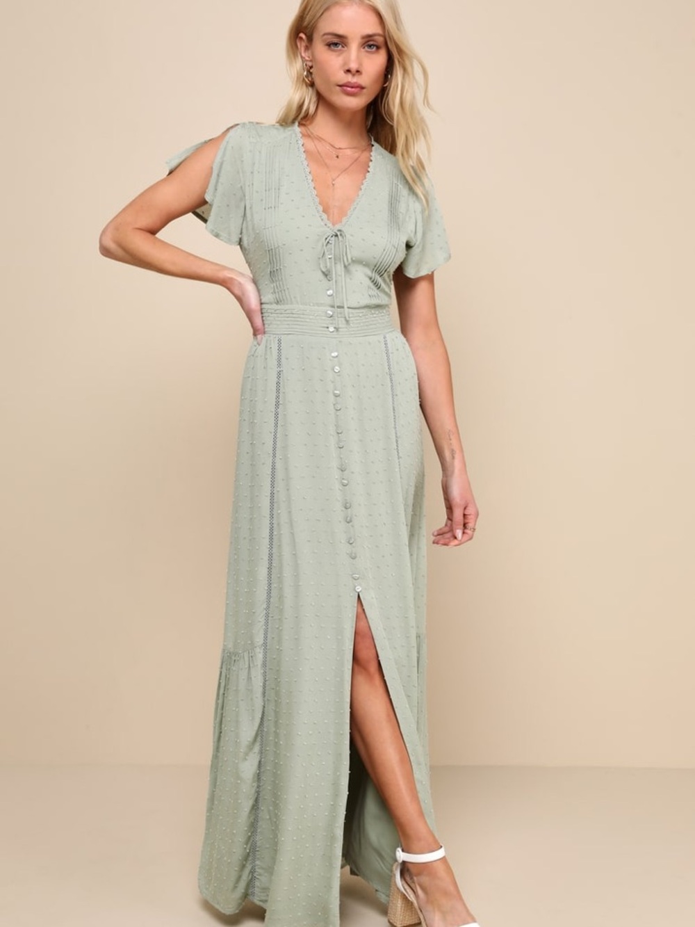 Lulu's Completely In Love Sage Green Swiss Dot Button-Front Maxi Dress